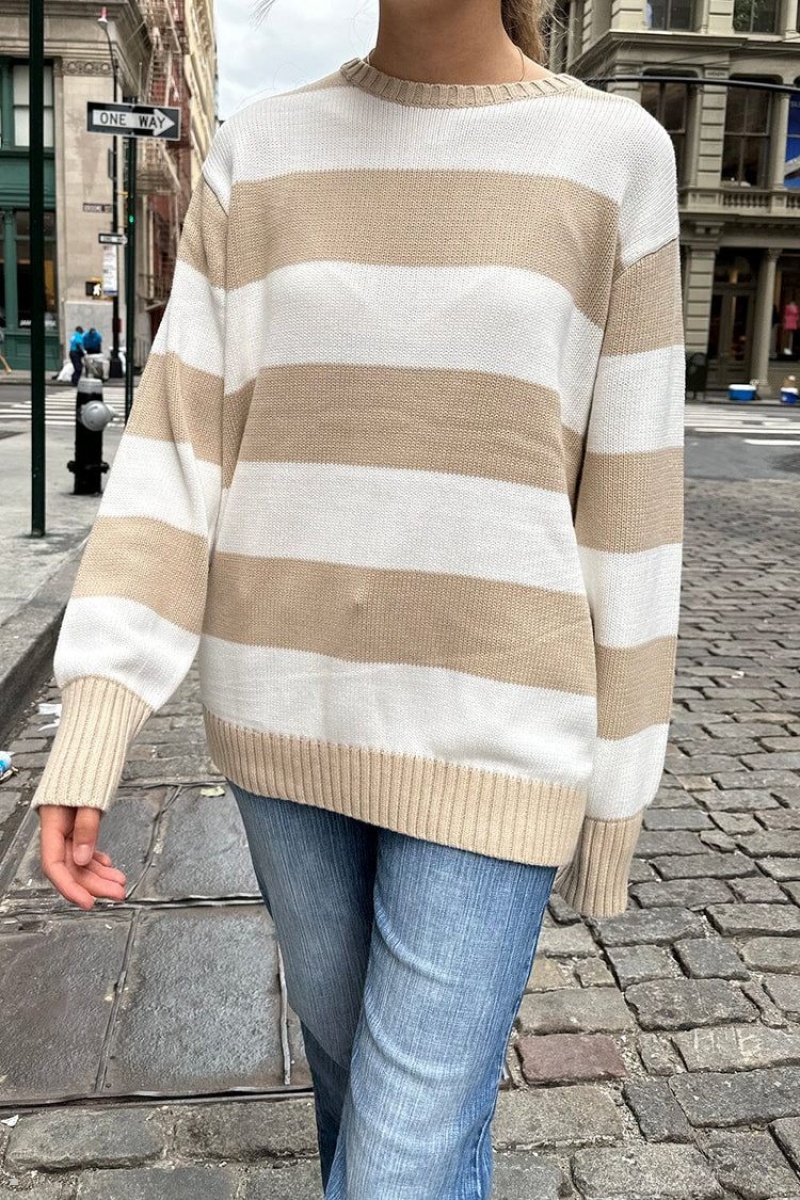 Chandail Brandy Melville Brianna Coton Thick Stripe Blanche Beige | ZUF-21651599